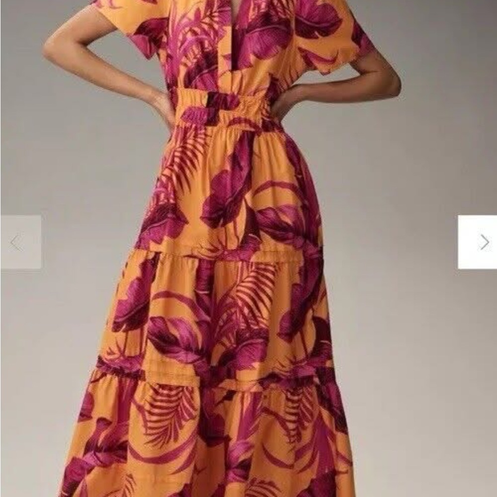 Tiered Tropical Print Maxi Dress in Mustard and Magenta
